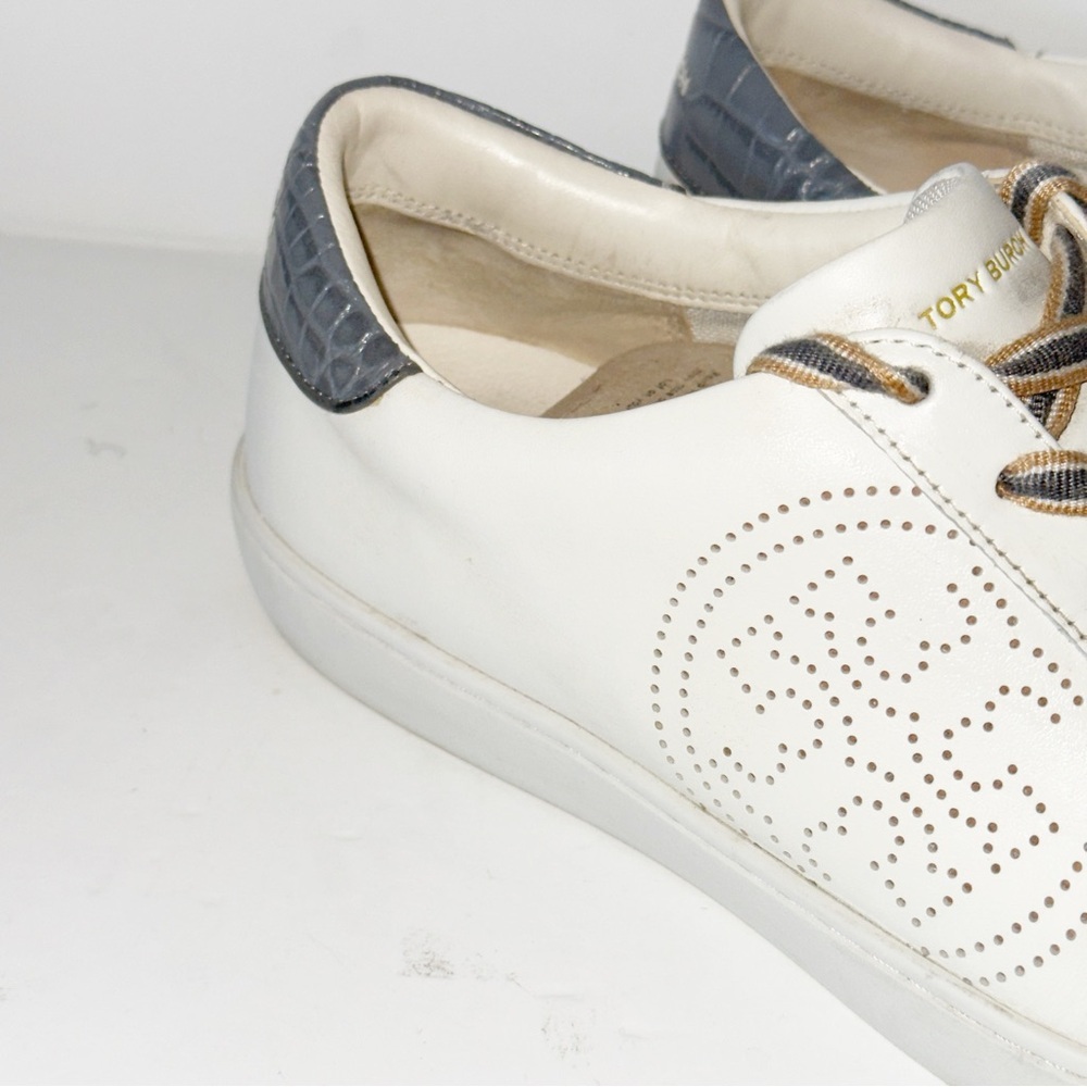 Tory Burch Leigh T-Logo Sneaker White/Gray Croc Sz 9 Athleisure Casual Everyday - Picture 4 of 14